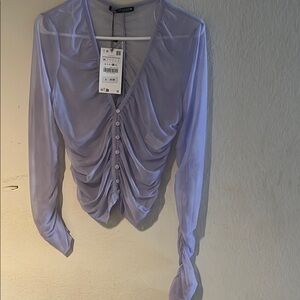 Zara Blue Ruched Long Sleeve Blouse
